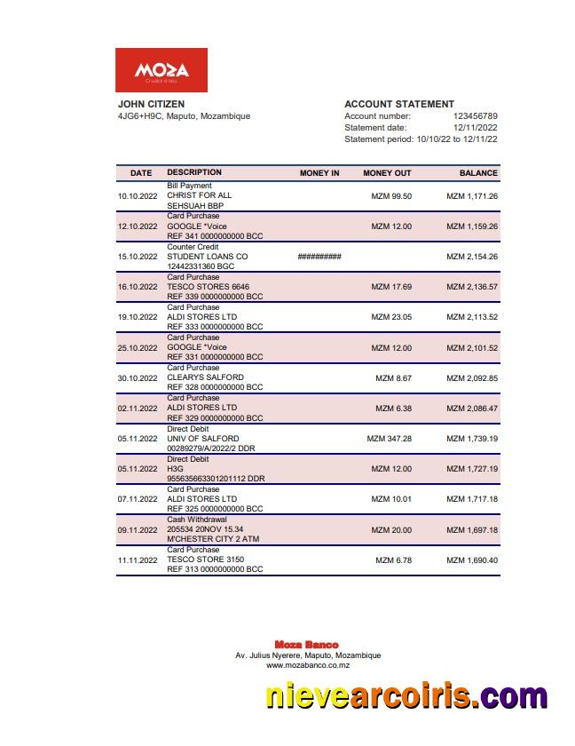 Mozambique Moza bank statement xls